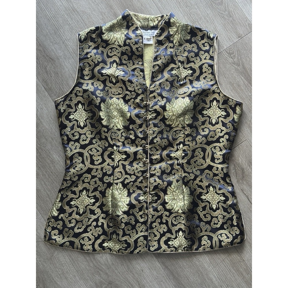Qiong Yu Chinese Silk Brocade Vest Womens Medium Black Gold Mandarin Asian